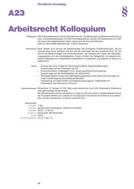 Detailliertes Kursangebot des AWA Zürich (PDF, 4 MB