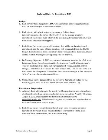 Technical Rules for Recruitment 2010 - Presbyterian College