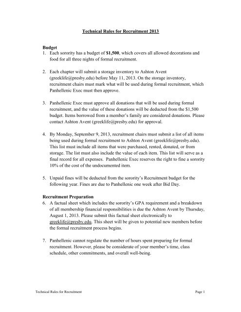 Technical Rules for Recruitment 2010 - Presbyterian College