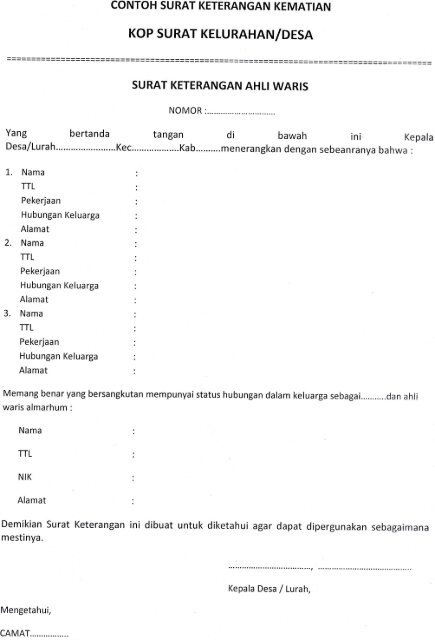 Contoh Surat Pernyataan Ahli Waris Kematian  Surat Lengkap