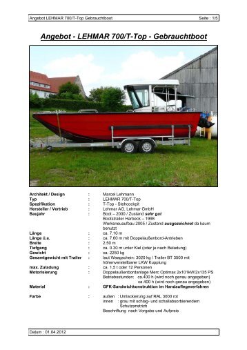 Angebot - LEHMAR 700/T-Top - Gebrauchtboot - Lehmar GmbH