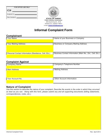 Informal Complaint Form - Public Utilities Commission - Hawaii.gov