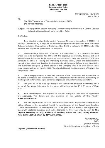 Udyog Bhawan, New Delhi March, 2013 To, The Chief Secretaries ...