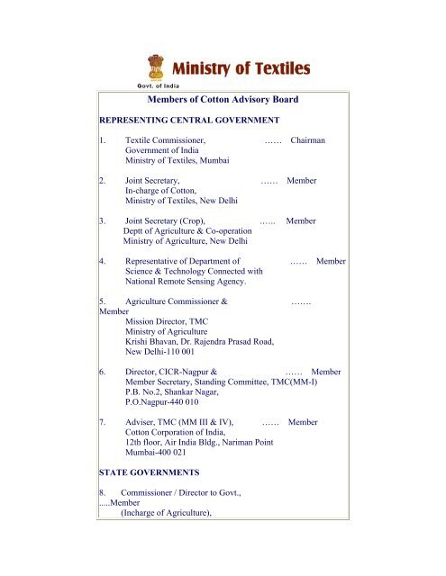 Members of Cotton Advisory Board - Ministry of Textiles