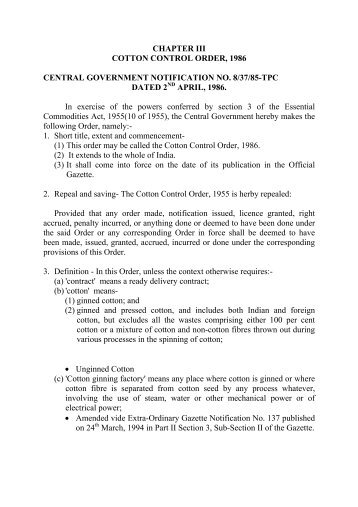 Cotton Control Order,1986 - Ministry of Textiles