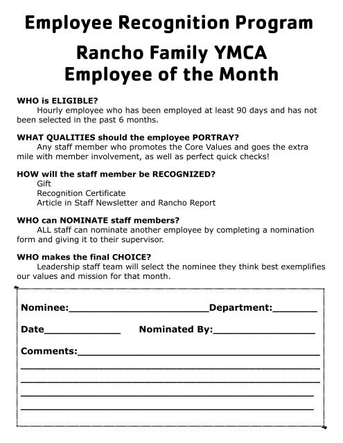Employee Recognition Program Rancho Family Ymca Employee Of
