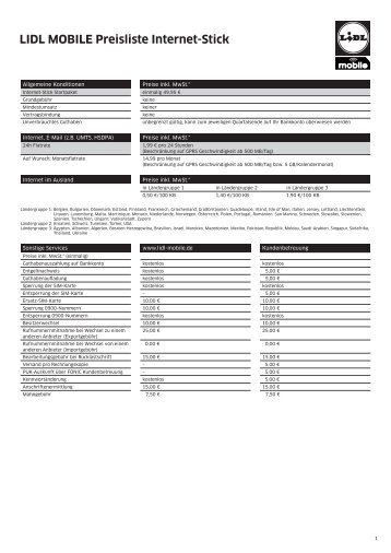 LIDL MOBILE Preisliste Internet-Stick - Fonic