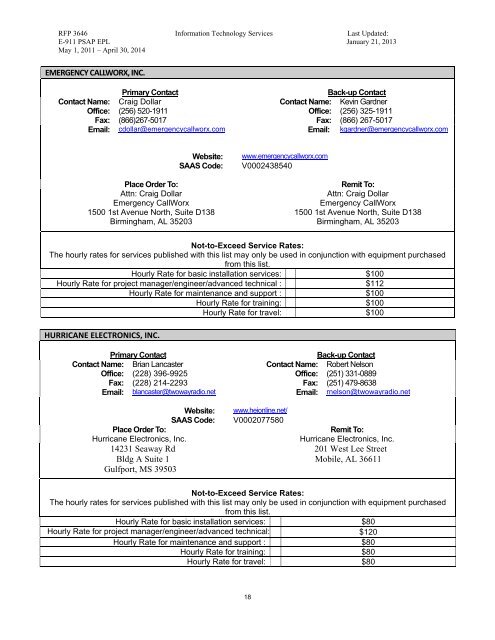 3646 E-911 PSAP Equipment List EPL - Mississippi Department of ...