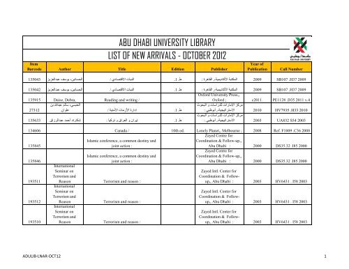 abu dhabi university library list of new arrivals - october 2012