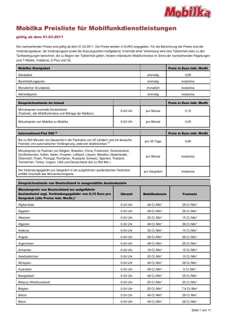 Mobilka Preisliste für Mobilfunkdienstleistungen - Prepaid-wiki