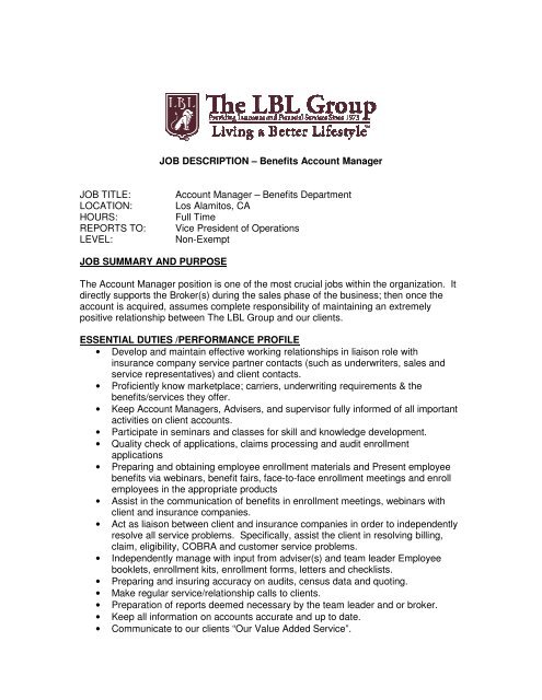 JOB DESCRIPTION – Benefits Account Manager JOB ... - LBL Group