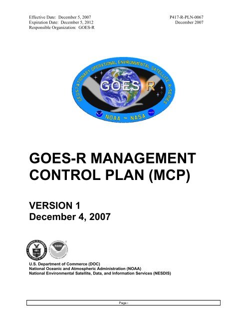 GOES-R MANAGEMENT CONTROL PLAN (MCP)