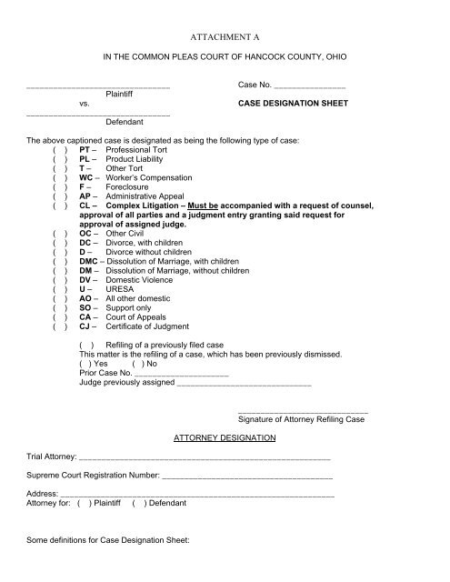 Case Designation Sheet Hancock County Common Pleas Court Case Designation Sheet Hancock County Common Pleas Court