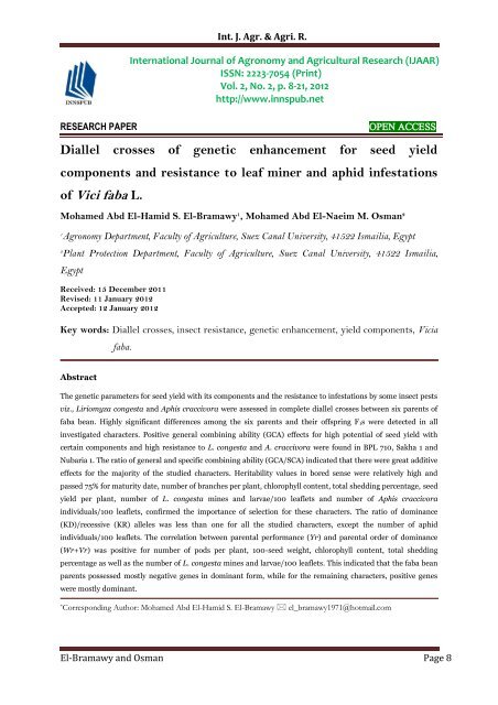 Diallel crosses of genetic enhancement for seed yield components and resistance to leaf miner and aphid infestations of Vici faba L.