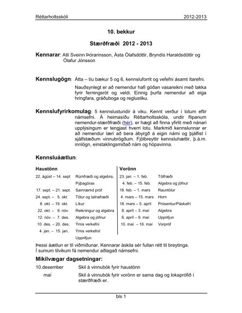 10. bekkur StÃ¦rÃ°frÃ¦Ã°i 2012 - 2013 KennsluÃ¡Ã¦tlun ... - RÃ©ttarholtsskÃ³li