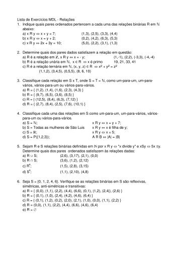 Lista de ExercÃ­cios MDL - RelaÃ§Ãµes 1. Indique quais ... - DEINF/UFMA