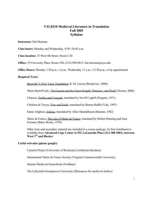 V41 0310 Medieval Literature In Translation Fall 2005 Syllabus