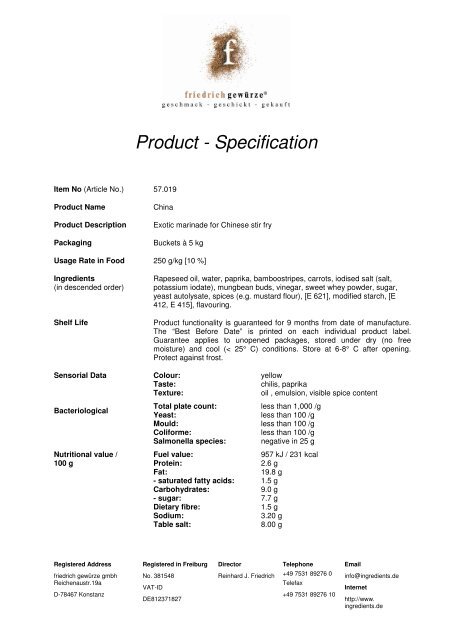 Product Specification - Friedrich Ingredients