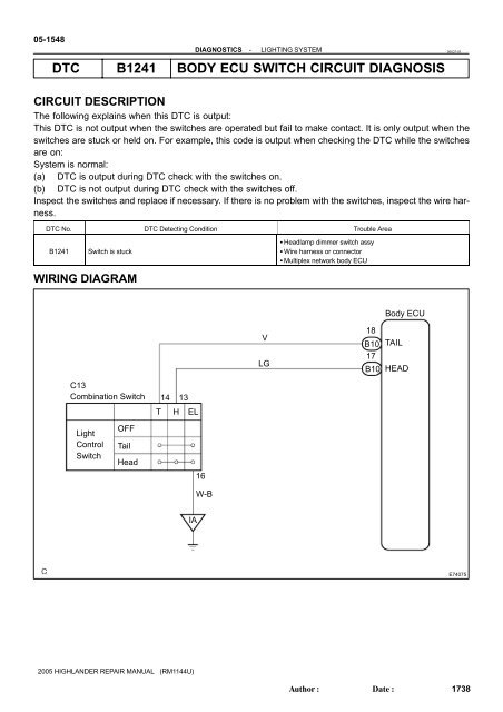 dtc b1241 body ecu switch circuit diagnosis - Highlander Club