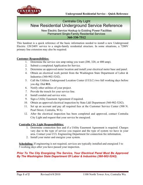 new residential underground quick reference - City of Centralia, WA