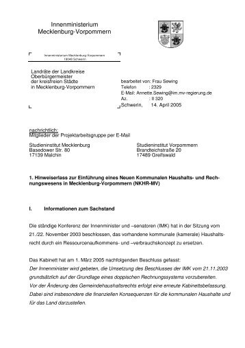 1. Hinweiserlass zum NKHR-MV - und Rechnungswesen ...
