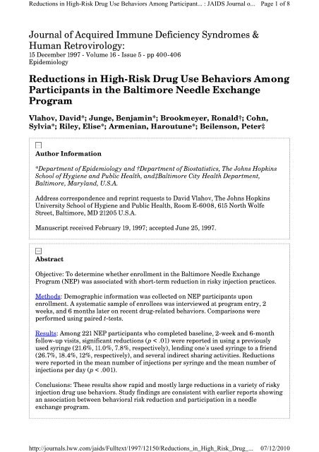 Reductions in High-Risk Drug Use Behaviors Among Par