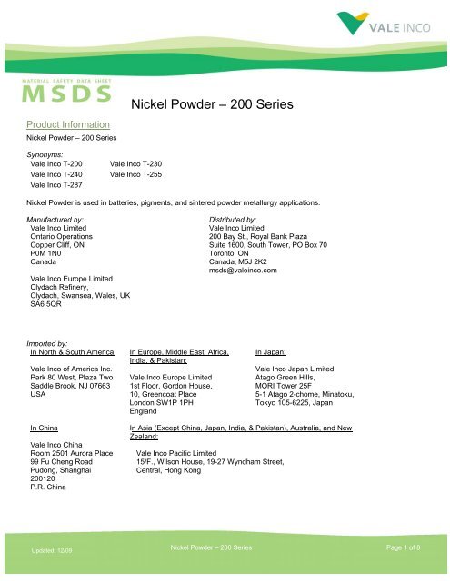 Nickel Powder â 200 Series - Vale.com