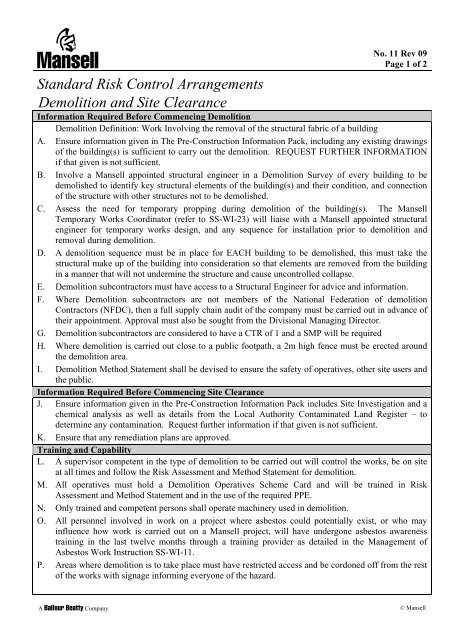 Standard Risk Control Arrangements Demolition and Site Clearance