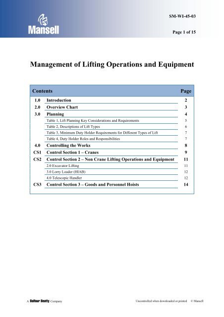 Management of Lifting Operations and Equipment - to return to the ...