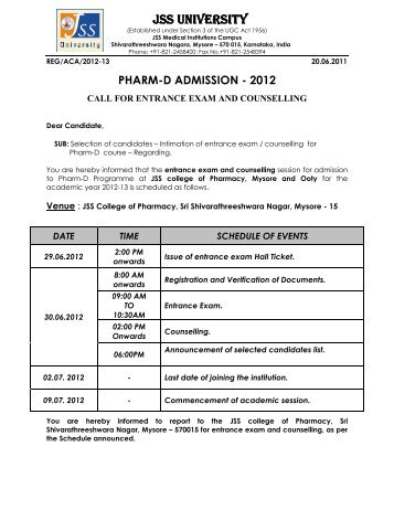 pharm-d admission - 2012 - JSS University, Mysore