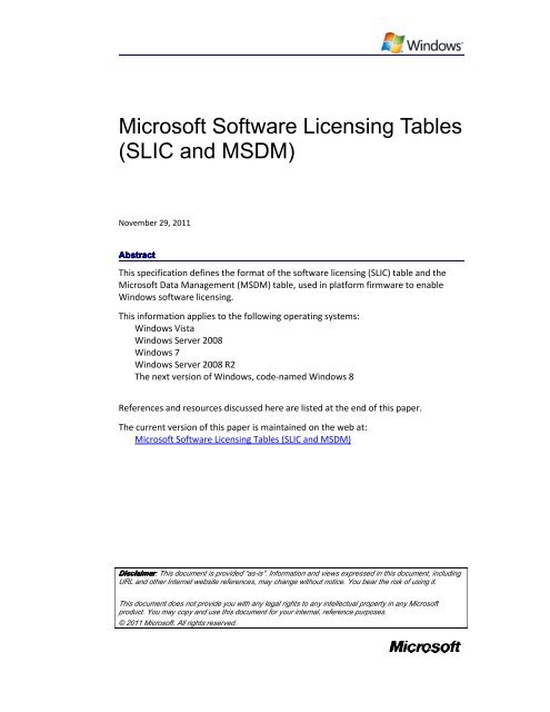Microsoft Software Licensing Tables (SLIC and MSDM) - Firmware ...