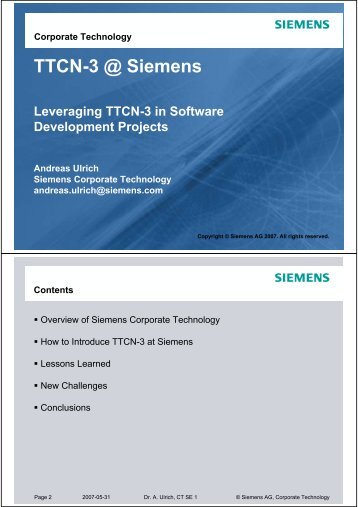 TTCN-3 @ Siemens -- Leveraging TTCN-3 in SW Development ...