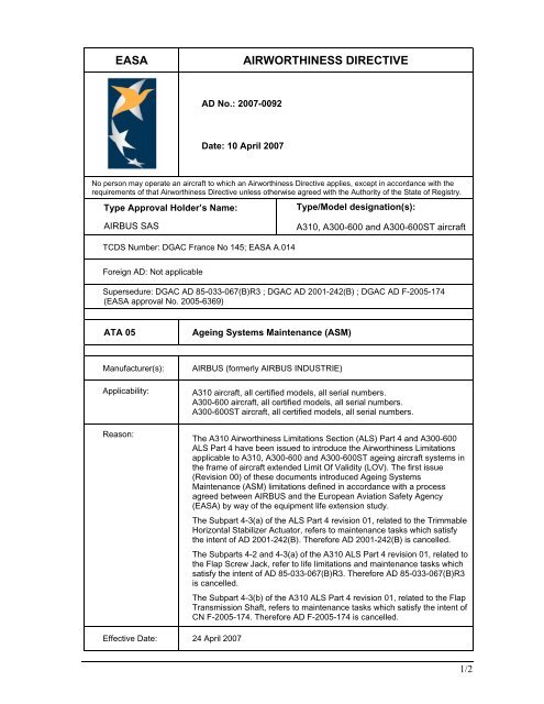 EASA AIRWORTHINESS DIRECTIVE