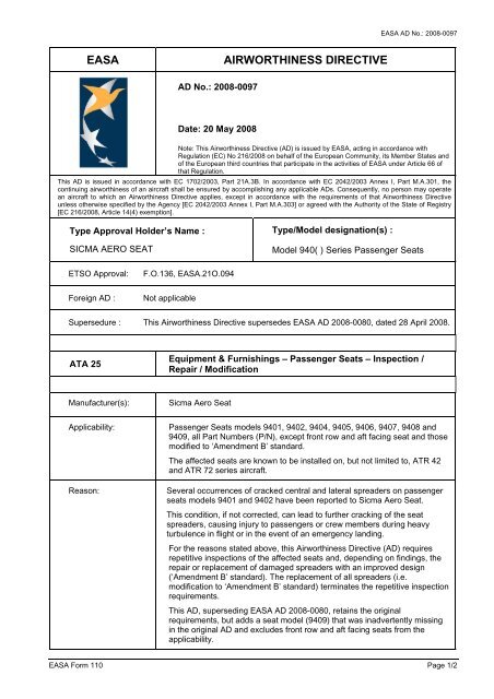 EASA AIRWORTHINESS DIRECTIVE