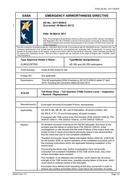 EASA EMERGENCY AIRWORTHINESS DIRECTIVE