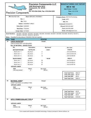 Manufacturing Cost Report - Component Control