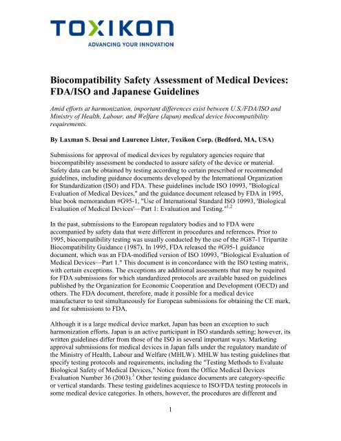 Biocompatibility Safety Assessment of Medical Devices ... - Toxikon