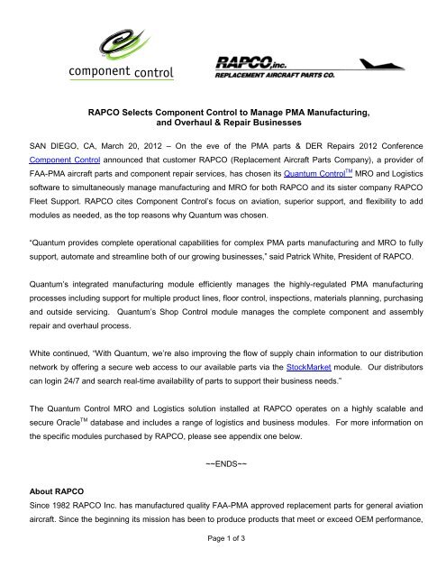 PRESS RELEASE - Component Control