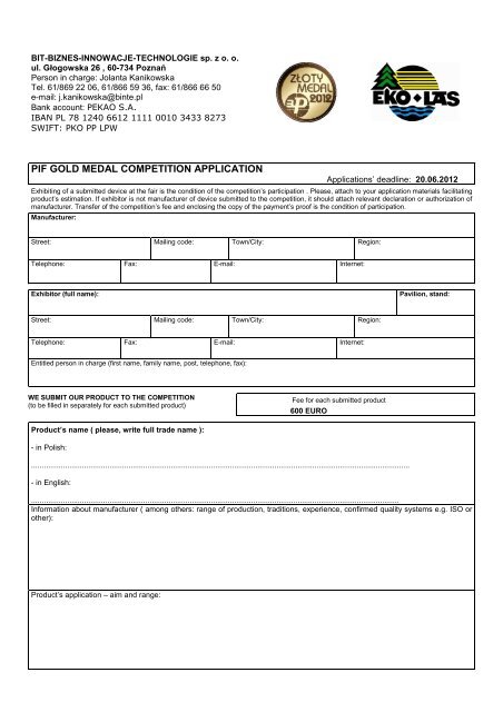 pif gold medal application form - EKO-LAS to