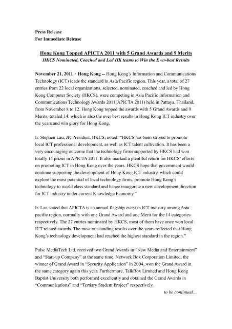 Hong Kong Topped APICTA 2011 with 5 Grand Awards and 9 Merits