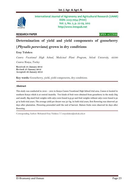 Determination of yield and yield components of gooseberry (Physalis peruviana) grown in dry conditions