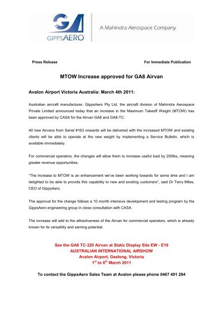 MTOW Increase approved for GA8 Airvan - GippsAero