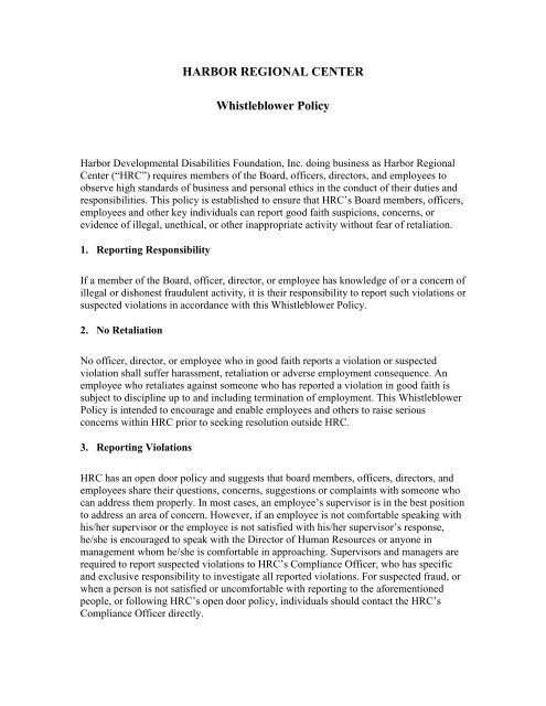 Sample Whistleblower Policy Harbor Regional Center