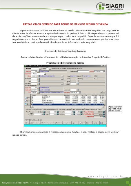 ratear valor definido para todos os itens do pedido de venda - Siagri