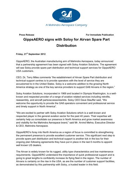 GippsAERO signs with Soloy for Airvan Spare Part Distribution