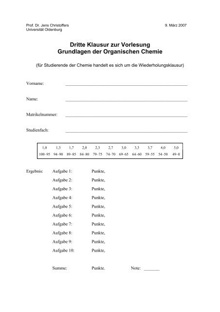 Klausur am 09.03.2007 - Organische Chemie - Christoffers