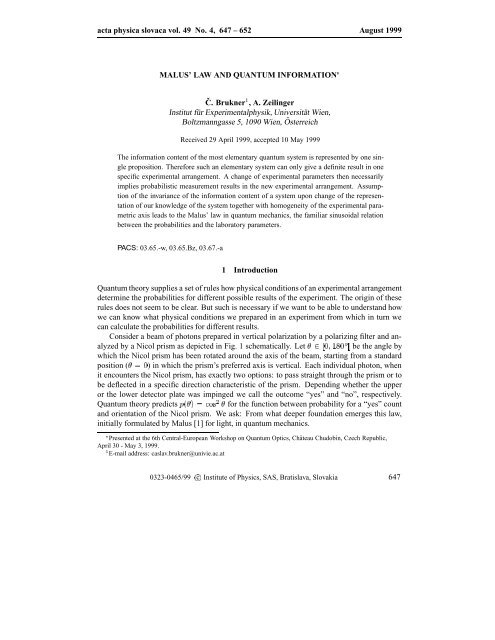 acta physica slovaca vol. 49 No. 4, 647 â 652 ... - Universität Wien