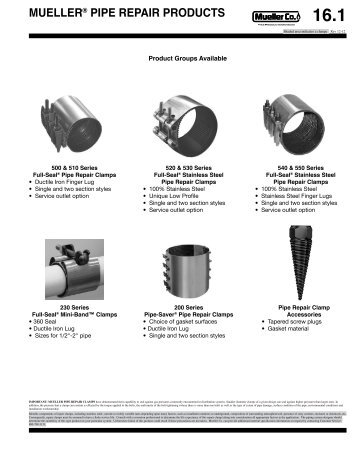 muellerÂ® 500 series single section full-sealÂ® pipe repair clamps