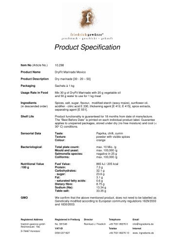 Product Specification - Friedrich Ingredients