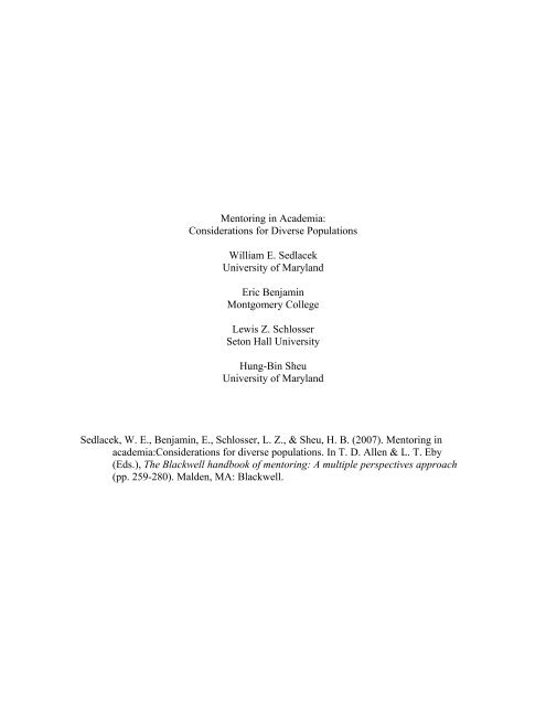 Mentoring in Academia: Considerations for ... - Dr. William Sedlacek